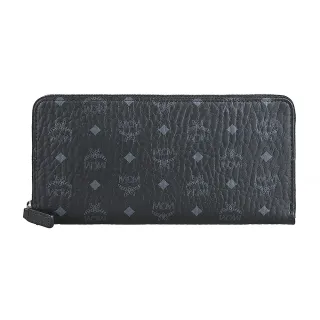 【MCM】MCM Visetos經典滿版灰藍字圖案LOGO荔枝紋設計小牛皮12卡拉鍊長夾(大/黑x灰藍)