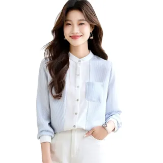 【CHACO】/預購/女春秋 簡雅知性立領襯衫併接藍色條紋長袖排釦上衣#2605(雪紡 上衣 襯衫 長袖 女 春秋 OL)
