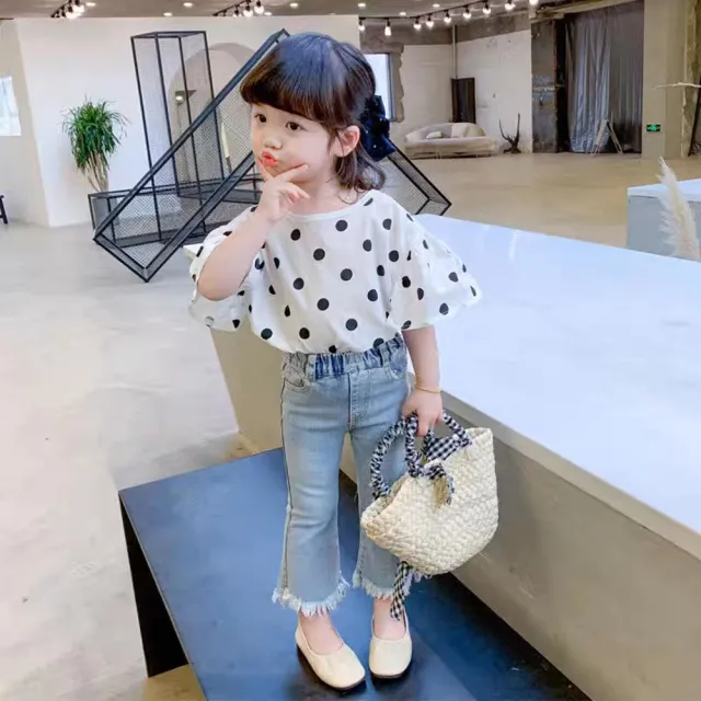 【安朵童舖】現貨韓版兒童波點露背牛仔褲套裝女寶短袖套裝女童短袖上衣牛仔長褲(032)