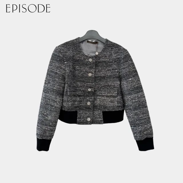 【EPISODE】百搭氣質圓領黑白混羊毛亮片口袋外套144017