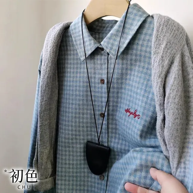 【初色】韓版簡約寬鬆格紋字母單排釦刺繡長袖襯衫女上衣外搭外套-藍灰格紋-10829(M-XL可選)