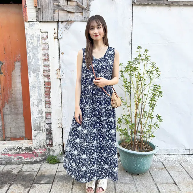 【Hana Mokuba】花木馬日系女裝滿版印花無袖綁帶收腰洋裝(洋裝)