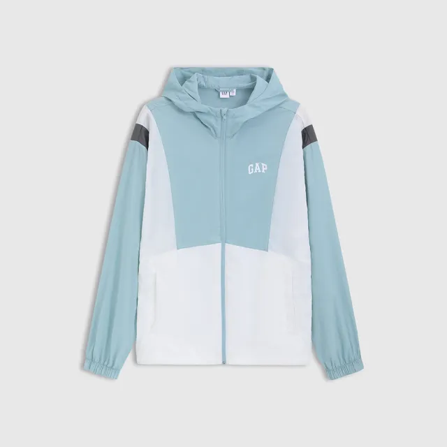 【GAP】男裝 Logo印花防曬連帽外套-藍色拼接(723067)