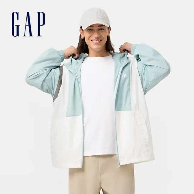 【GAP】男裝 Logo印花防曬連帽外套-藍色拼接(723067)
