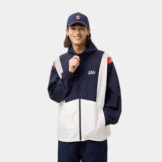 【GAP】男裝 Logo印花防曬連帽外套-海軍藍拼接(723067)