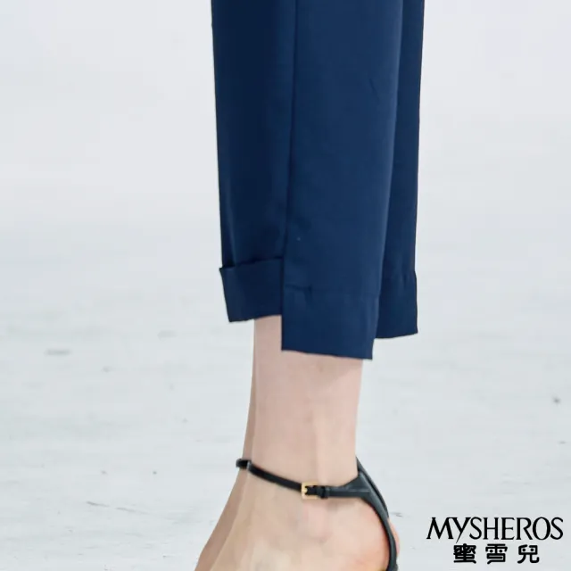 【MYSHEROS 蜜雪兒】雪紡造型長褲 前釦拉鍊後鬆緊設計 褲管前短後長造型(丈青)