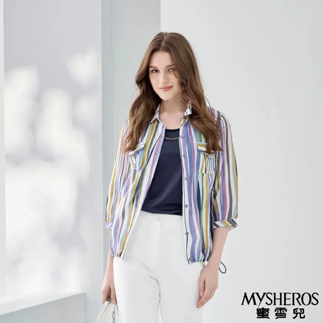 【MYSHEROS 蜜雪兒】棉質造型襯衫上衣 翻領排釦彩色直條紋 下擺抽繩設計(紫)