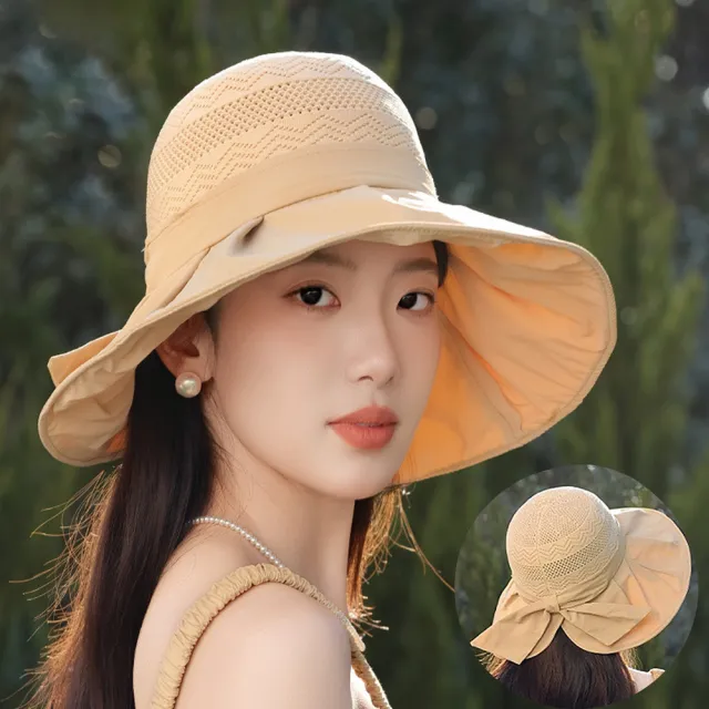 【MUAN】韓版百搭大帽簷遮陽帽 戶外抗UV透氣防曬帽 蝴蝶結漁夫帽 太陽帽 防風帽