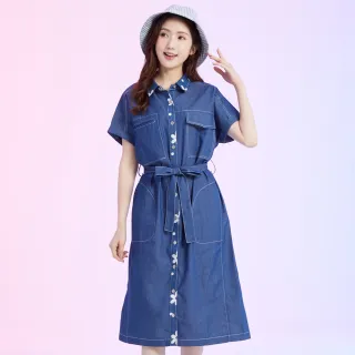 【betty’s 貝蒂思】花朵印花拼接無肩線牛仔襯衫洋裝(藍色)