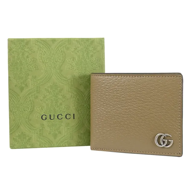 【GUCCI 古馳】金屬雙G LOGO素雅皮革雙層8卡對折短夾(淺褐)