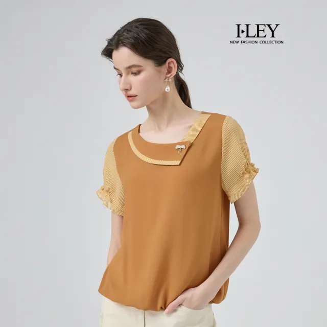 【ILEY 伊蕾】造型翻領拼接雪紡上衣(卡其；M-2L；1252211113)