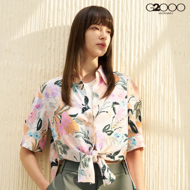 【G2000】女款 襯衫領印花短袖休閒上衣-白色(4124159102)