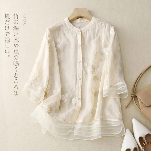 【Pure 衣櫃】刺繡立領五分袖襯衫女上衣(短袖上衣/KDTY-6577)