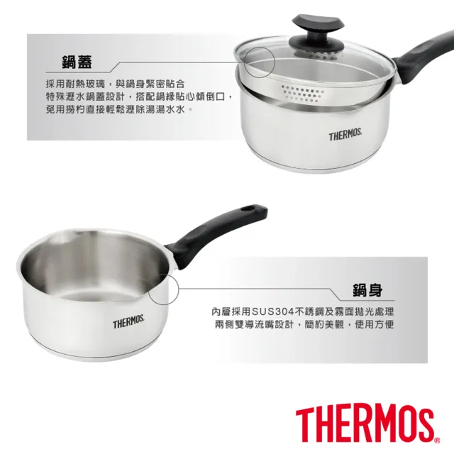 【THERMOS膳魔師】不鏽鋼附蓋單柄湯鍋瀝水鍋雪平鍋18cm(SPC-S18)