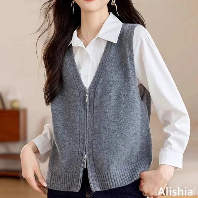 【Alishia】韓版新款拉鏈式V領針織背心 M-2XL(紅色 / 灰色 / 黑色)