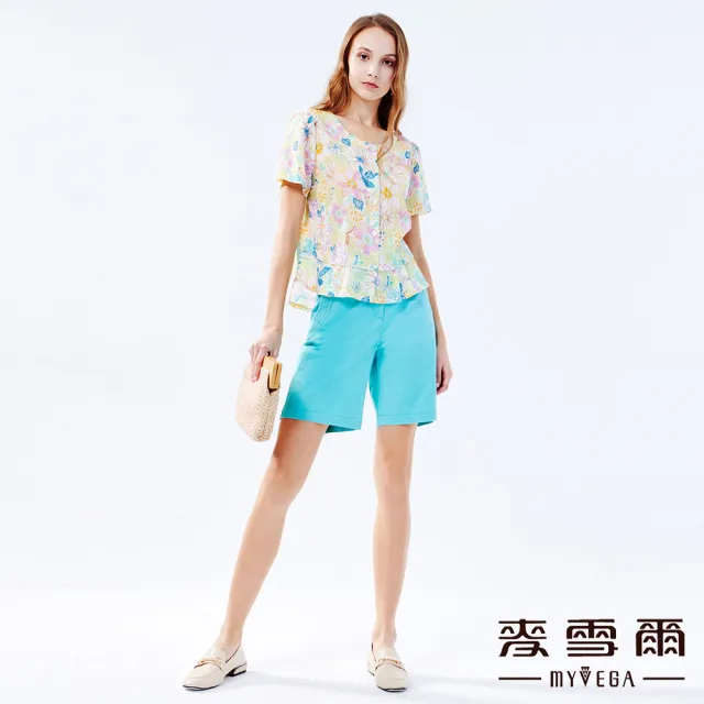 【MYVEGA 麥雪爾】高含棉五彩水鑽後口袋五分褲-藍(錐形褲/)