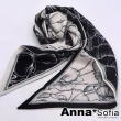 【AnnaSofia】仿絲領巾絲巾-罌粟線繪斜角 窄版緞面 現貨(黑白系)