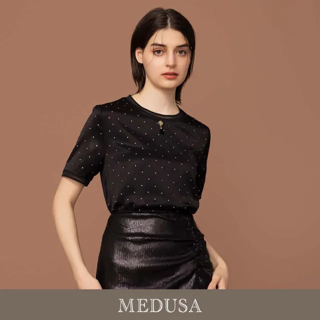 【MEDUSA 曼度莎】現貨-醋酸緞面點點水鑽上衣（M-2L）｜女上衣 短袖上衣 氣質上衣(601-30401)