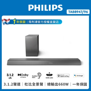 【Philips 飛利浦】3.1.2聲道 無線重低音家庭劇院/聲霸(TAB8947)