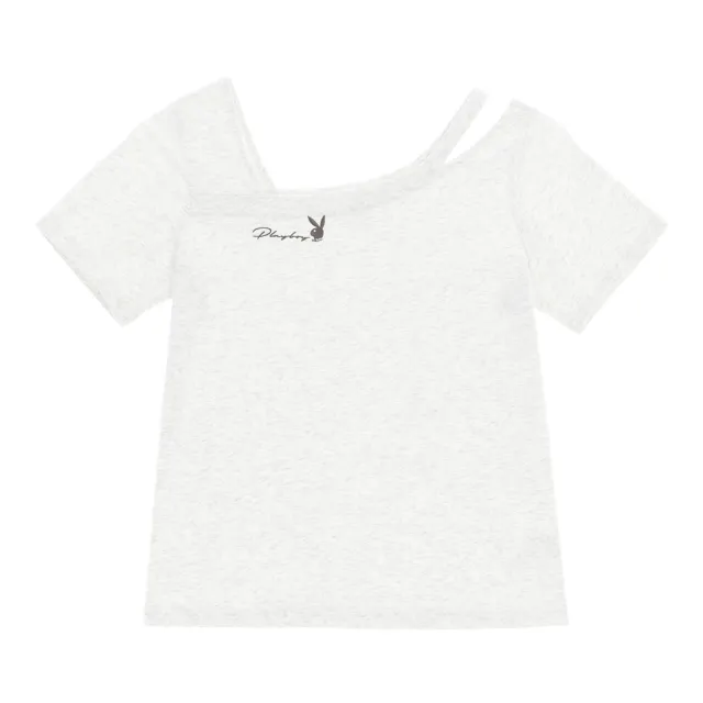 【PLAYBOY】涼感不對稱露肩T-SHIRT(淺麻灰色)