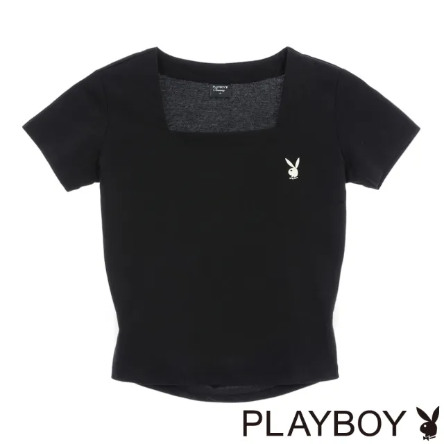 【PLAYBOY】方領後露腰短版T-SHIRT(黑色)