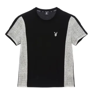 【PLAYBOY】流線花紗拼接圓領上衣(黑色)