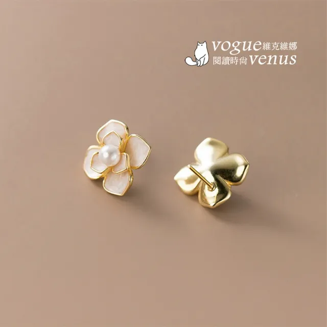 【維克維娜】貝珠金邊山茶花925純銀耳環