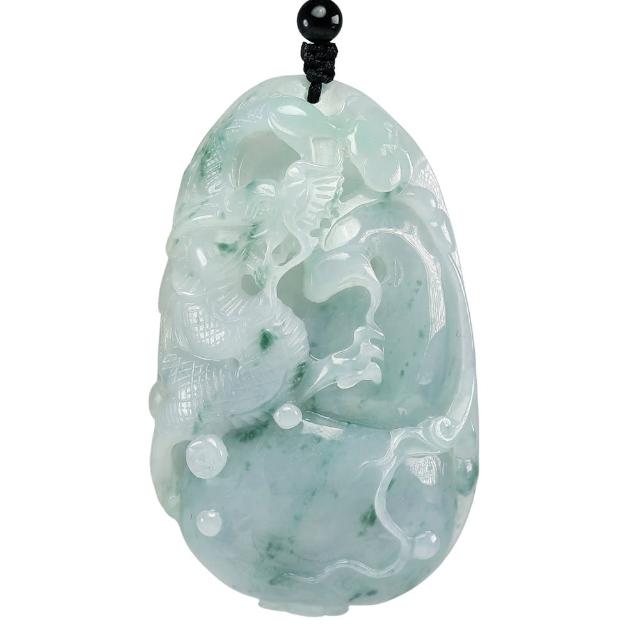 【漢石齋】天然翡翠A貨 龍盤福祿玉佩吊墜 冰糯種飄花(43*70*17mm)