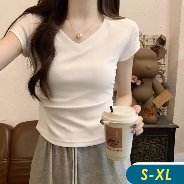 【CHACO】/預購/女夏美式V領配高腰褲的質棉短版T上衣#1261(美式 V領 上衣 白色 女 夏日)