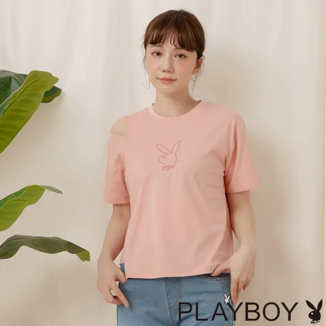 【PLAYBOY】OVERSIZE寬版落肩T-SHIRT(鮭魚粉色)