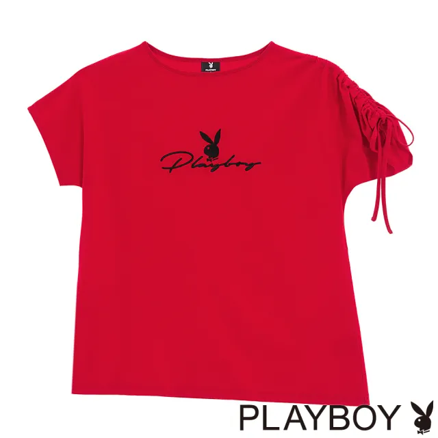 【PLAYBOY】不對稱草寫刺繡涼感(紅色)