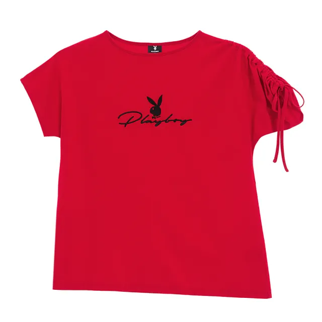 【PLAYBOY】不對稱草寫刺繡涼感(紅色)