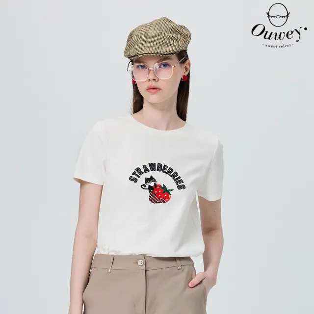 【OUWEY 歐薇】草莓巧克力醬圖案棉質T恤(白；S-L；3252161207)