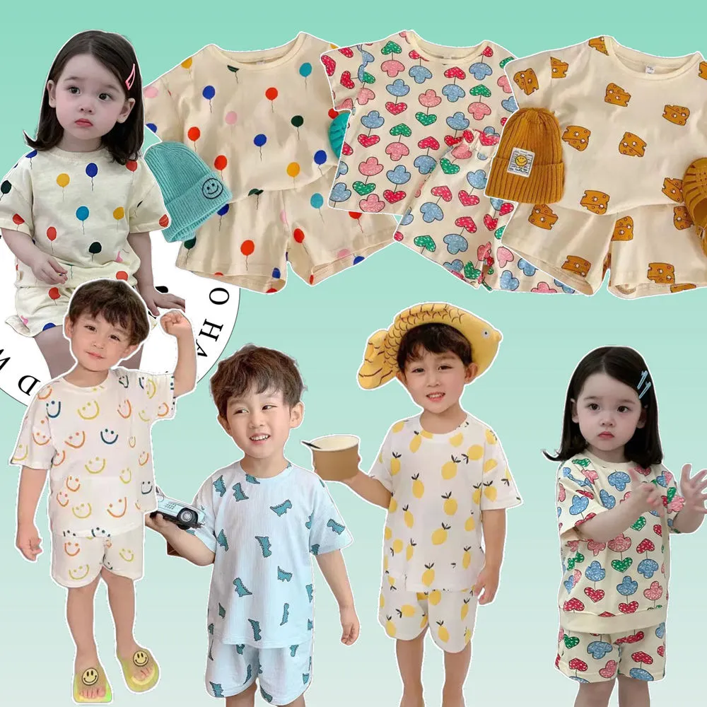 【安朵童舖】現貨韓版兒童冰絲家居服男童短袖套裝女童寬鬆睡衣寶寶冰絲套裝(09A/050)