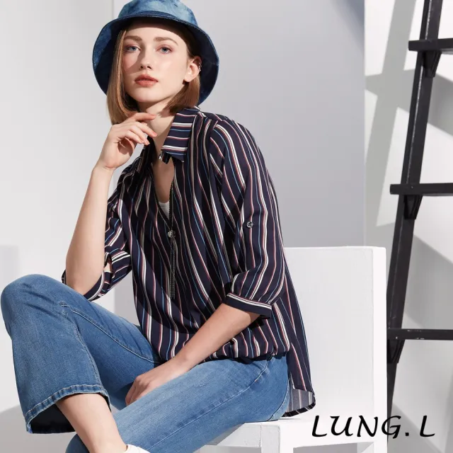 【LUNG.L 林佳樺】LR77A 藍色條紋前短後長假二件七分袖女裝上衣(春夏新品 加大尺碼)