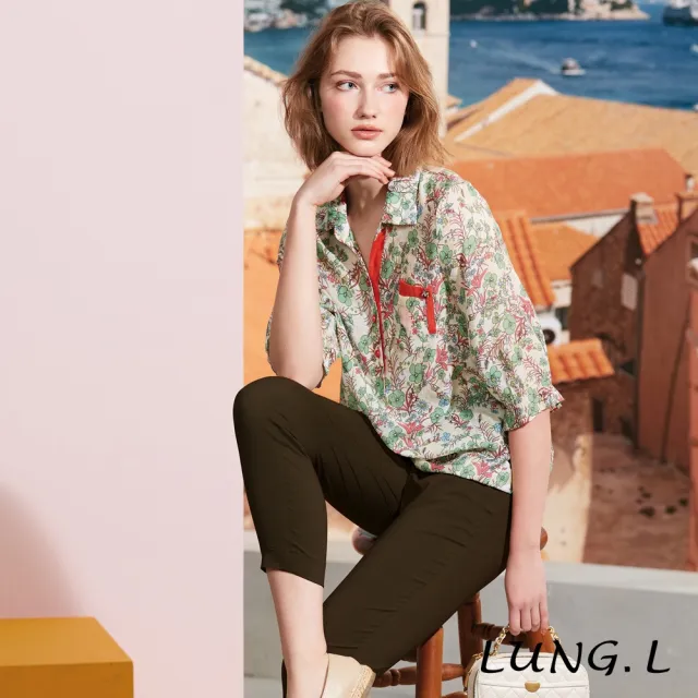 【LUNG.L 林佳樺】LS23A 綠色滿版印花造型口袋七分袖女裝上衣(春夏新品)