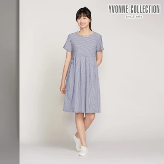 【YVONNE 以旺傢飾】直條提花拼接短袖洋裝-海島藍