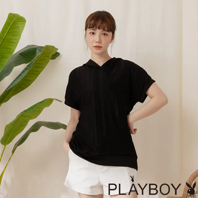 【PLAYBOY】連帽前片蕾絲休閒上衣(黑色)
