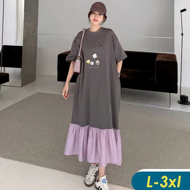 【CHACO】/預購/女夏 併接紫色裙襬寬鬆中大碼灰色短袖印花長版連身裙#6846(灰色 連身裙 中大 夏 紫色)