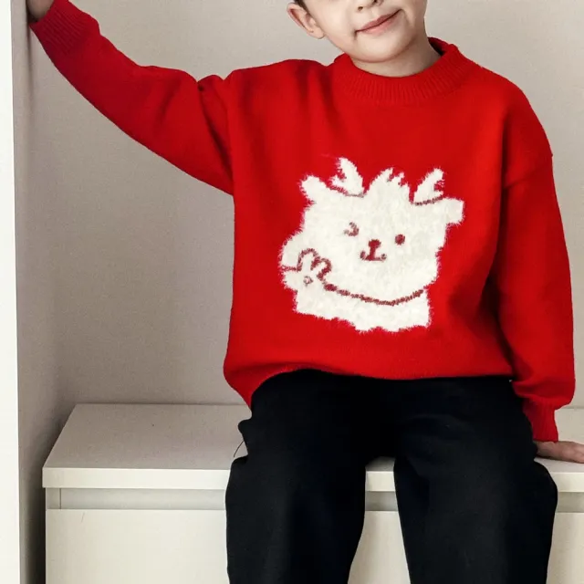 【橘魔法】植絨小龍人毛衣(針織衫 新年 過年 喜宴 大紅 拜年服 長袖上衣 兒童 中性款 男童 女童 童裝)