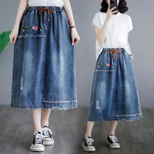 【巴黎精品】現貨+預購 高腰牛仔裙半身長裙洋裝丹寧連身裙大尺碼A字裙休閒大碼女裝(刺繡刷破女裙子a1jc75)
