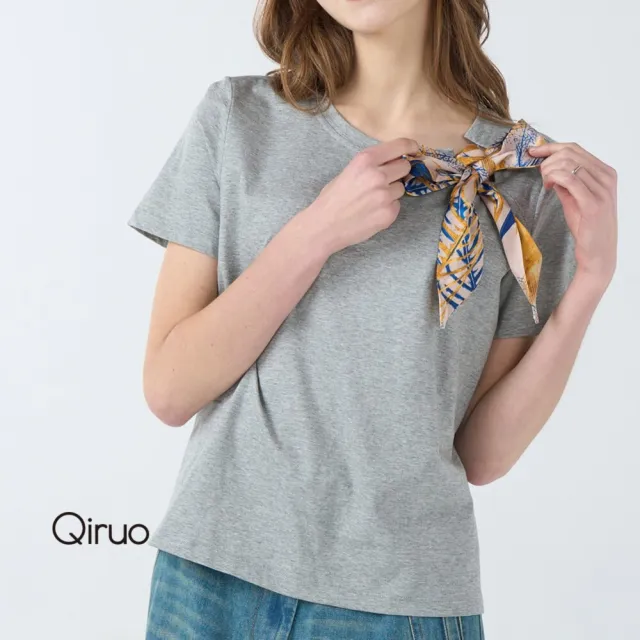 【Qiruo 奇若名品】銀金屬鍊 加蝴蝶絲帶造型 圓領棉質灰色短袖上衣3063A