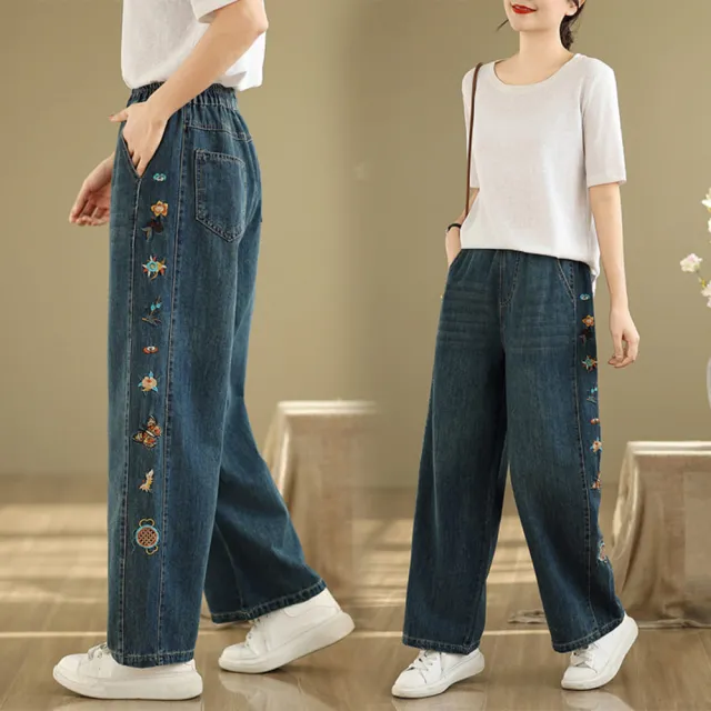 【AKARA】日森風刺繡勳章花邊大長腿直筒牛仔褲(牛仔日系風 森林風 文青風 親子風)