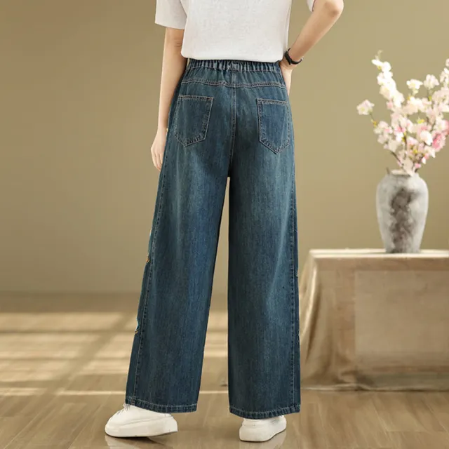 【AKARA】日森風刺繡勳章花邊大長腿直筒牛仔褲(牛仔日系風 森林風 文青風 親子風)