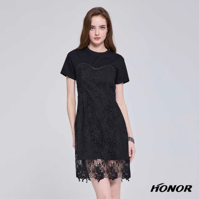 【HONOR 山形屋】出清品 優雅桃心蕾絲拼接鏤空背短袖洋裝-黑(限定出清)