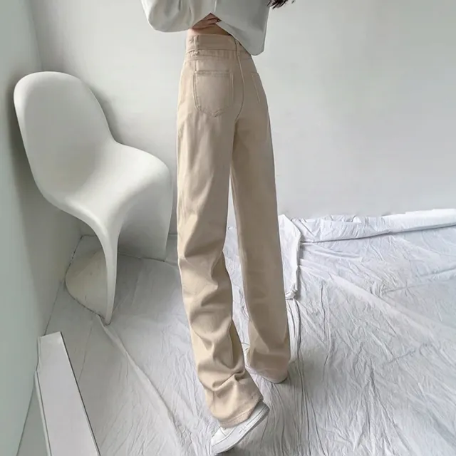 【D.studio】韓版卡其色高腰顯瘦直筒牛仔褲(寬褲褲子長褲休閒褲女裝高腰褲牛仔長褲拖地褲直筒褲 P248)