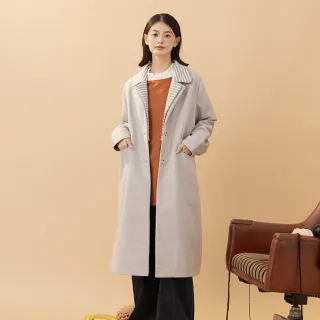 【MOSS CLUB】可拆式領片前毛呢西裝厚長版風衣(杏 灰/魅力商品)