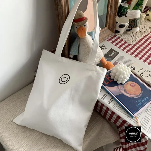 【米蘭精品】現貨+預購 手提包帆布肩背包托特包側背包單肩包隨身女包(笑臉ins純色2色74jn57)