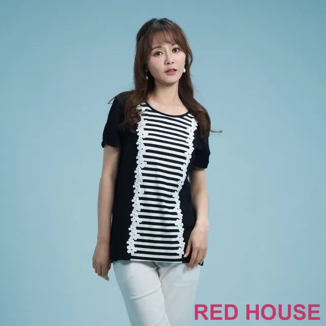 【RED HOUSE 蕾赫斯】花朵蕾絲條紋拼接上衣(黑色)