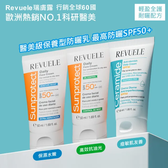 【REVUELE 瑞膚露】全日防曬乳SPF50+ 50ml-2入/3款任選(控油清爽/保濕輕透/神經醯胺淨瑕)